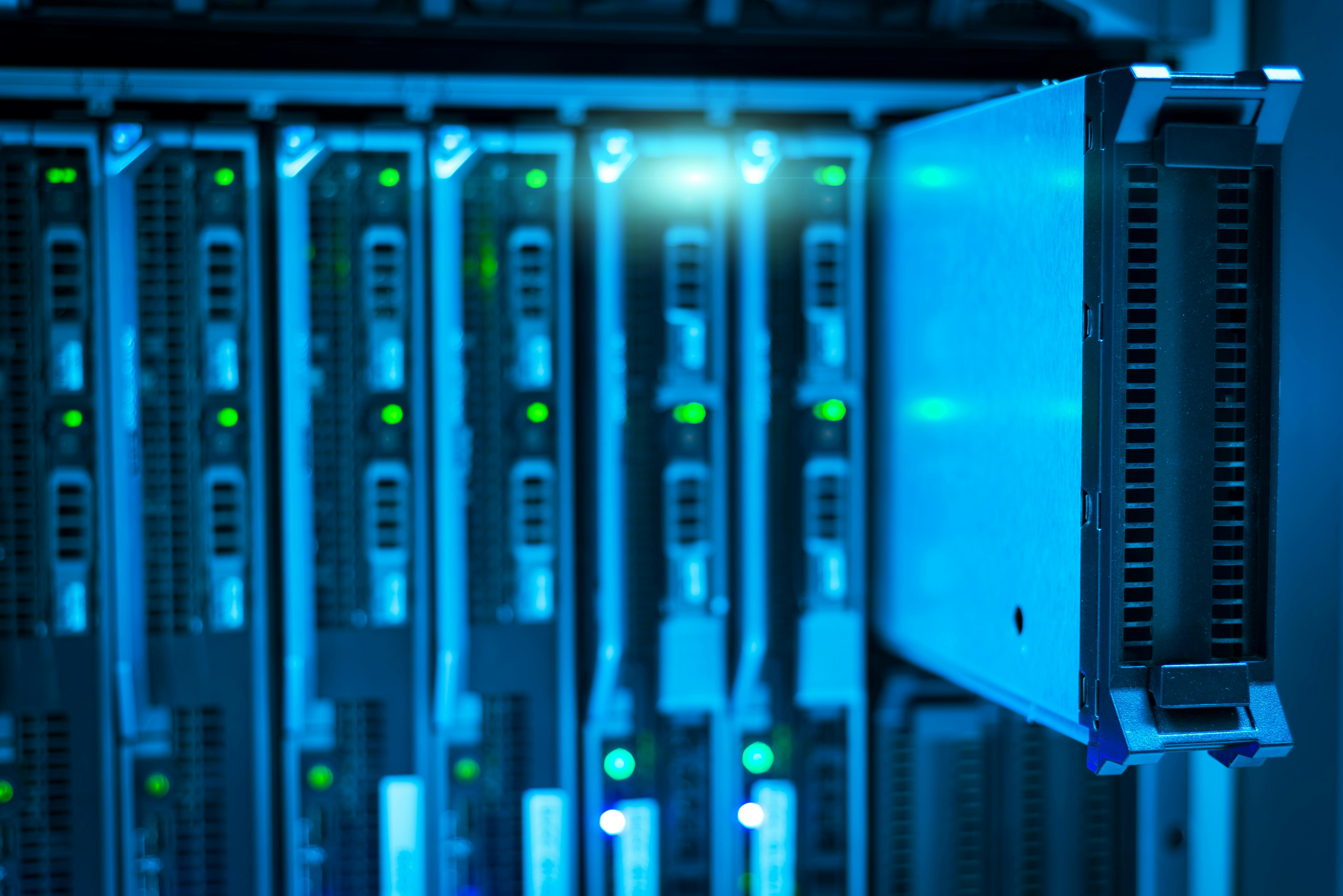 Detailed view of a server rack in a modern data center