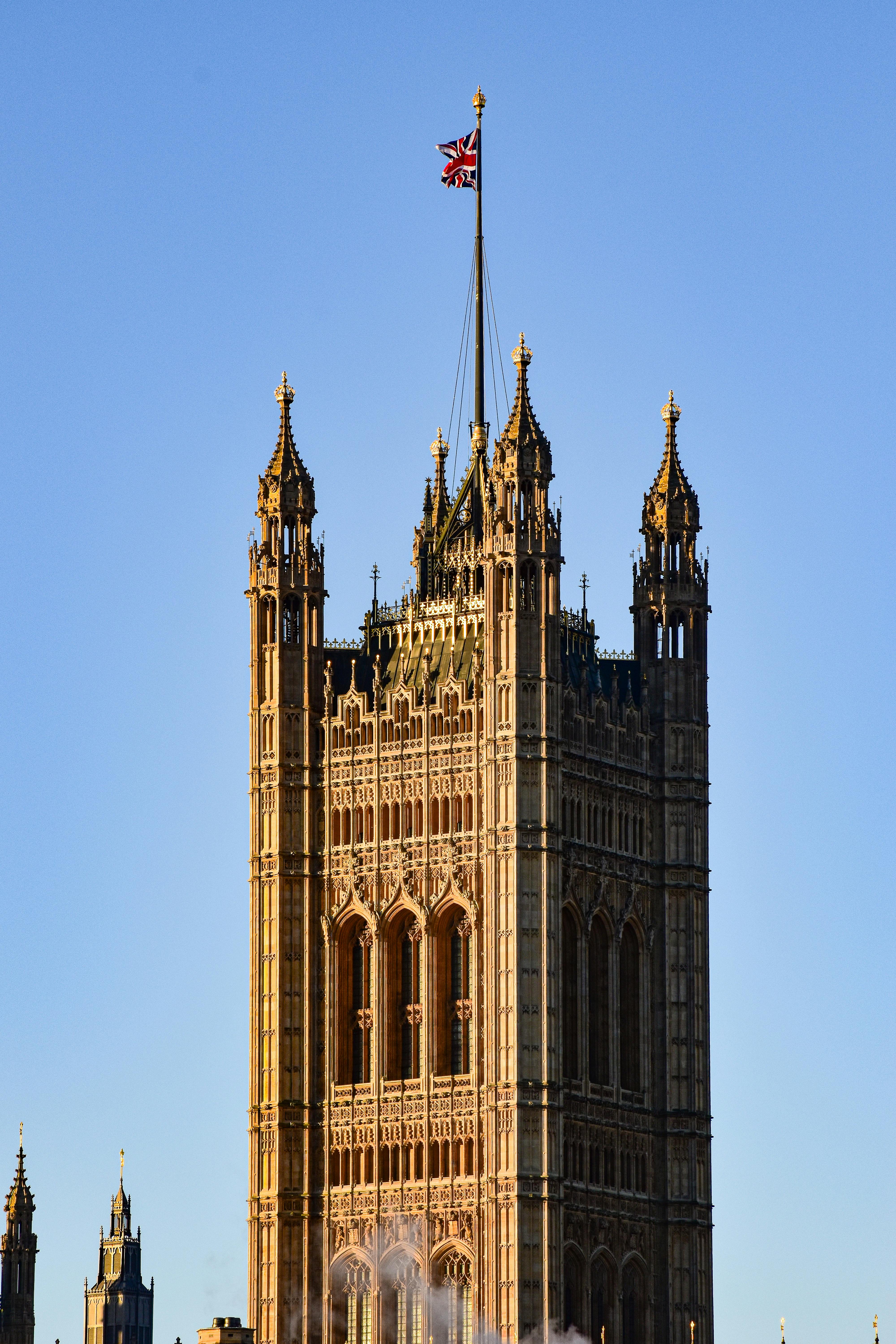 Victoria Tower at the Palace of Westminster in London with the Union Jack flying
