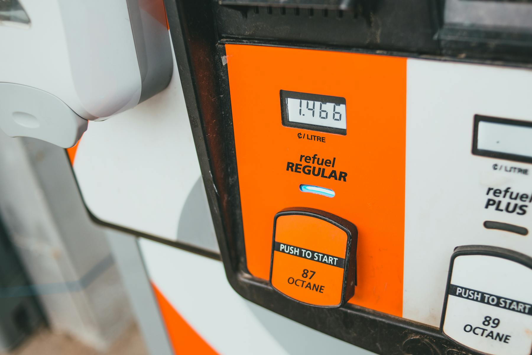 Close-up of a U.S. gasoline pump display showing per-gallon price and 87 octane fuel grade
