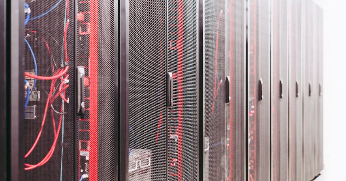 Server racks in a modern data center with networking cables and hardware