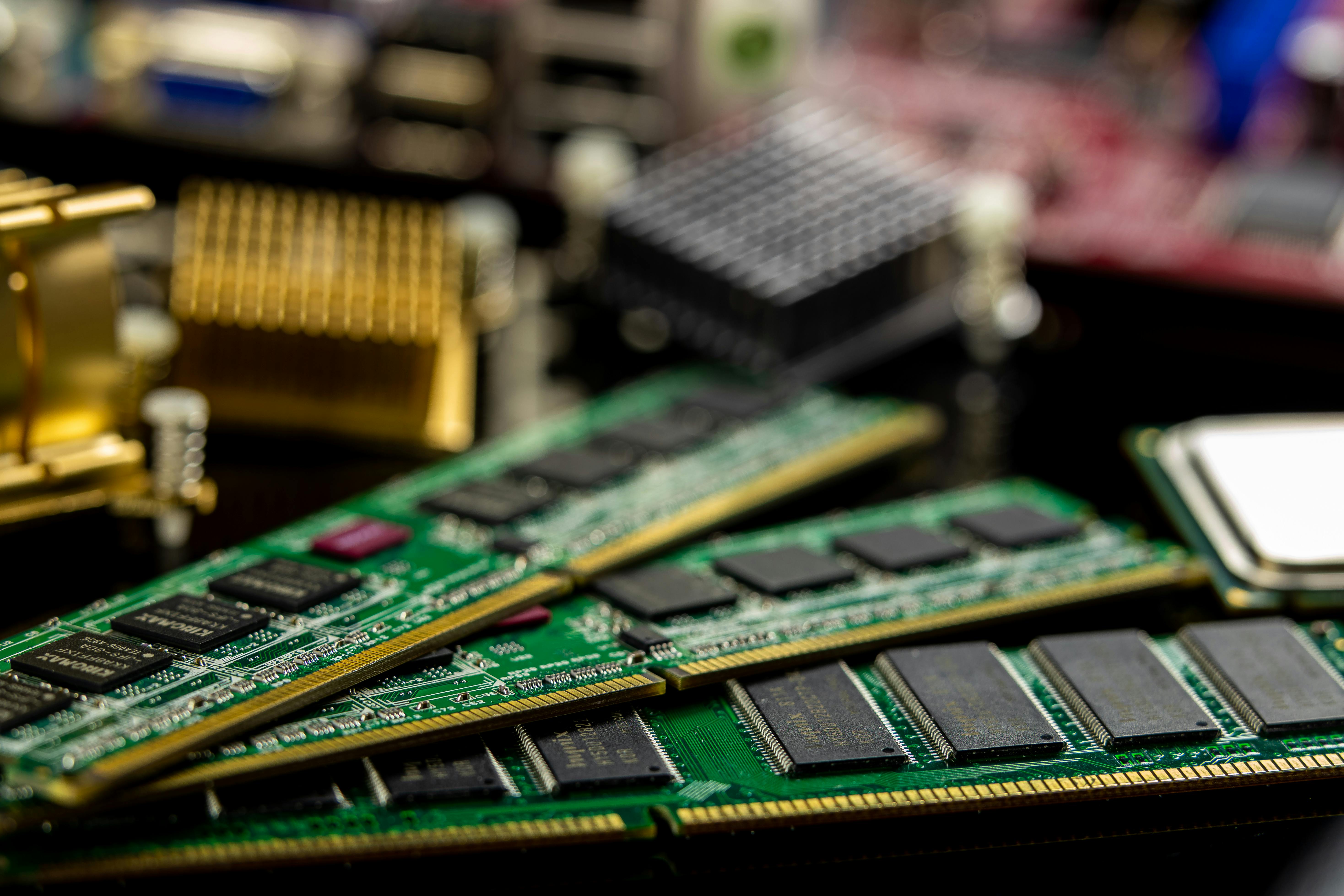 Computer RAM memory modules and microprocessor on a motherboard