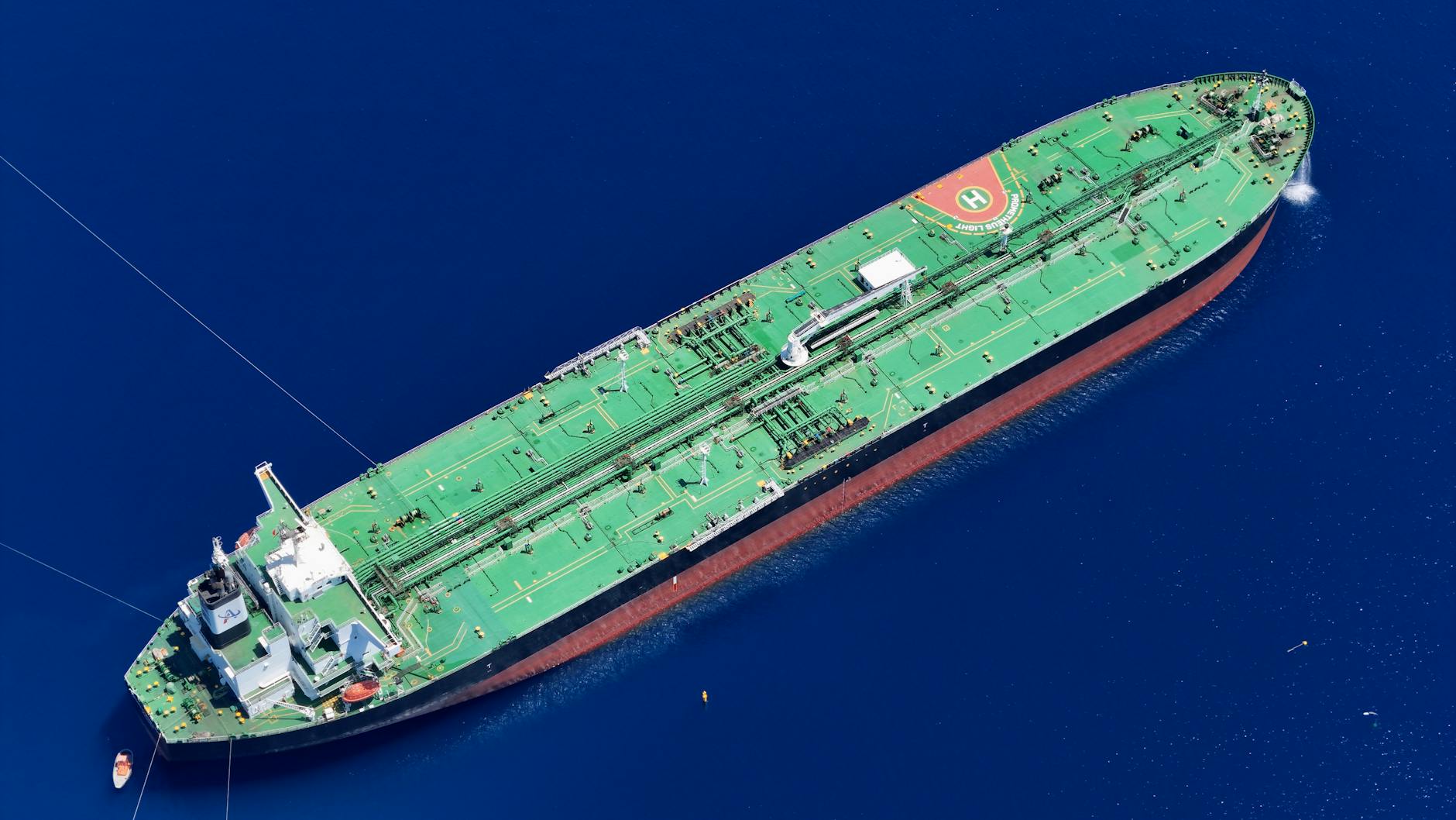 Aerial shot of an oil tanker sailing in the ocean