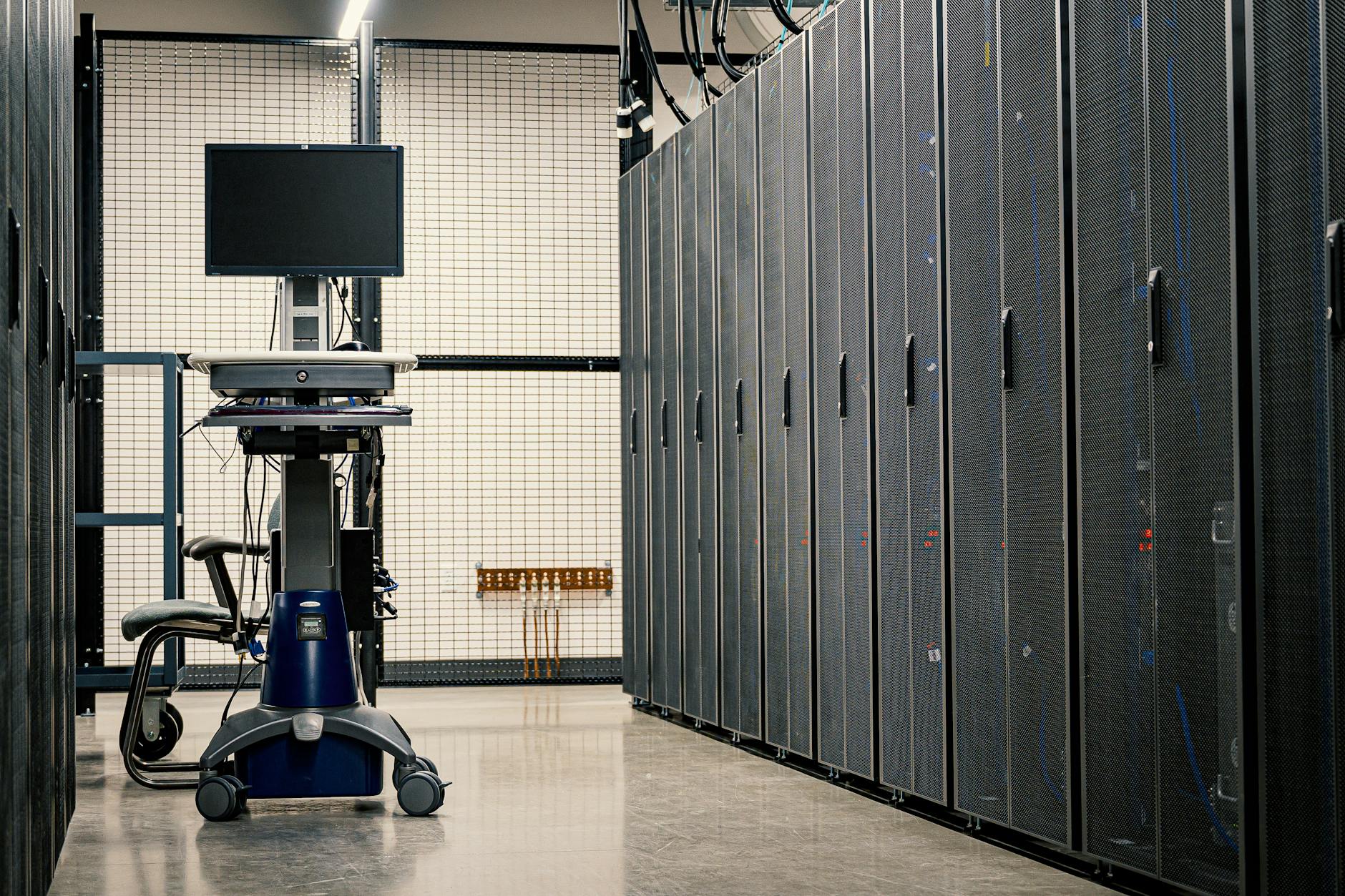 Server racks in a modern data center with network equipment and cabling