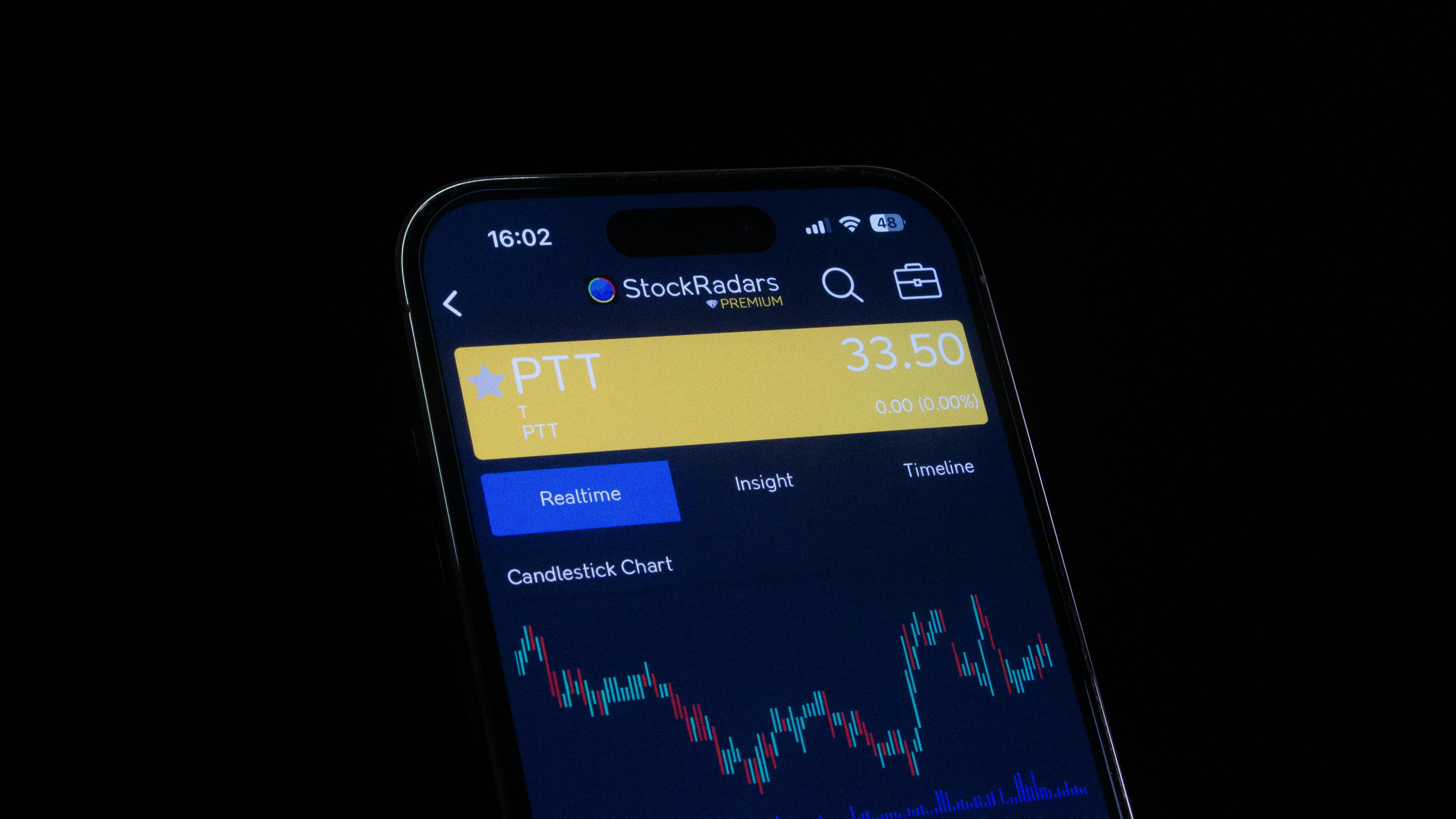 Close-up of a smartphone screen displaying a stock trading app with candlestick charts and real-time stock data