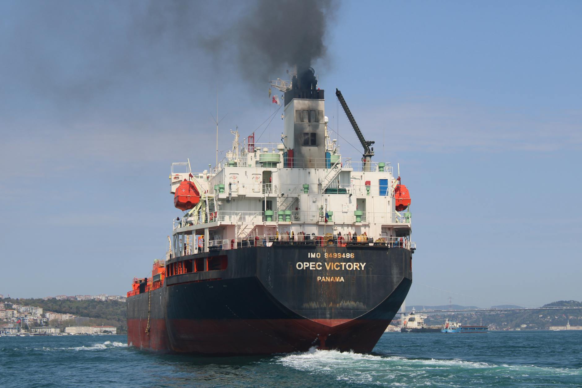 Oil tanker OPEC Victory sailing on the Bosporus under clear skies