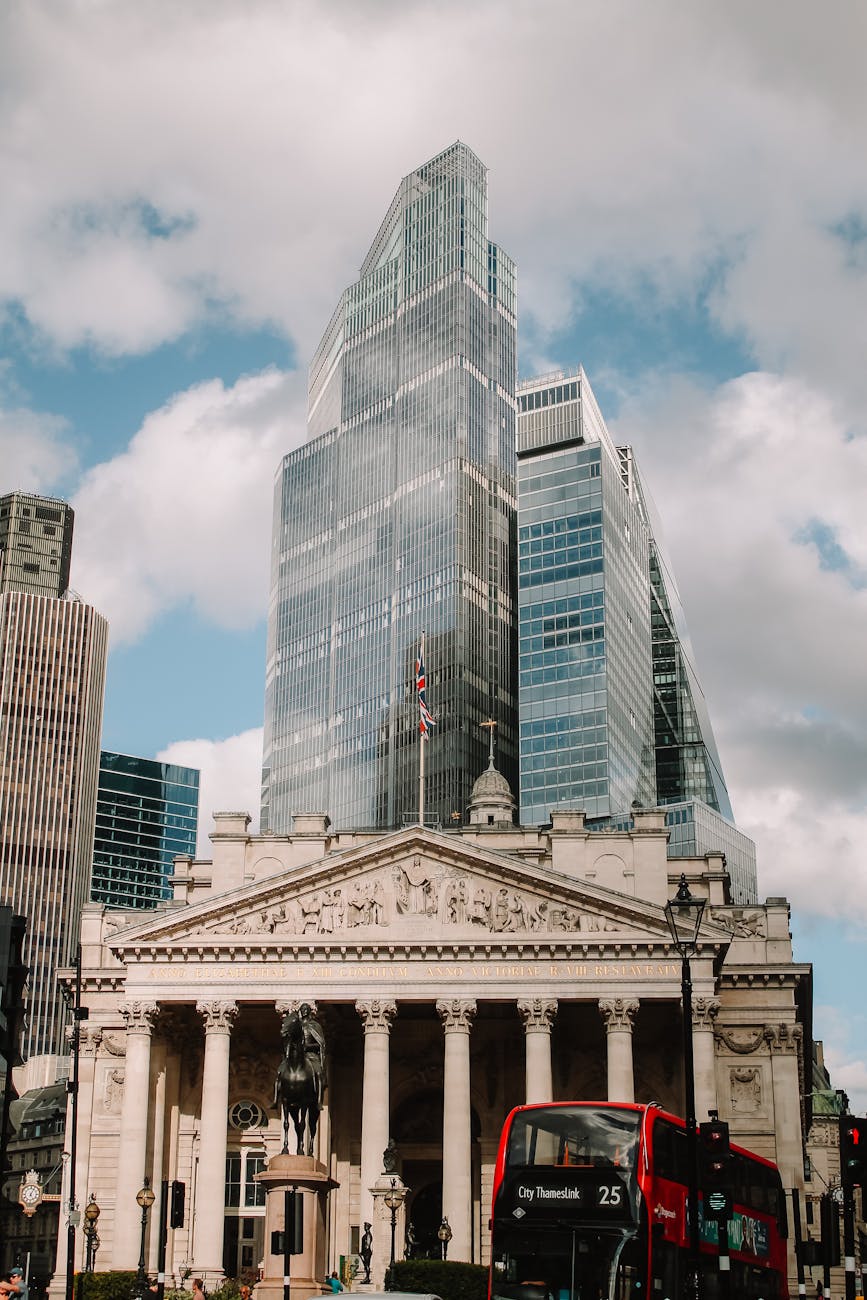 Historic Bank of England with modern skyscraper in London
