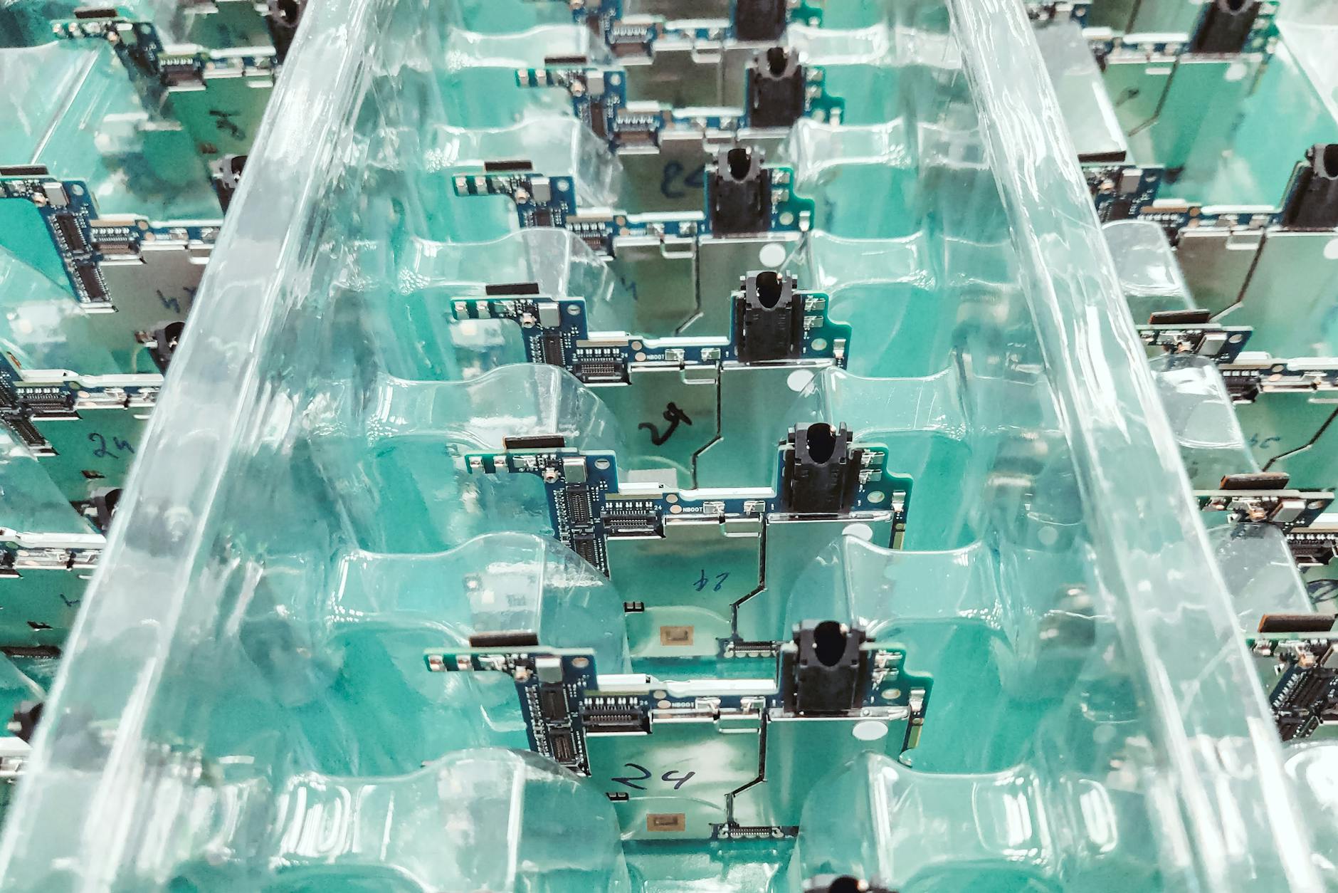 Production line of electronic circuit boards at a manufacturing facility