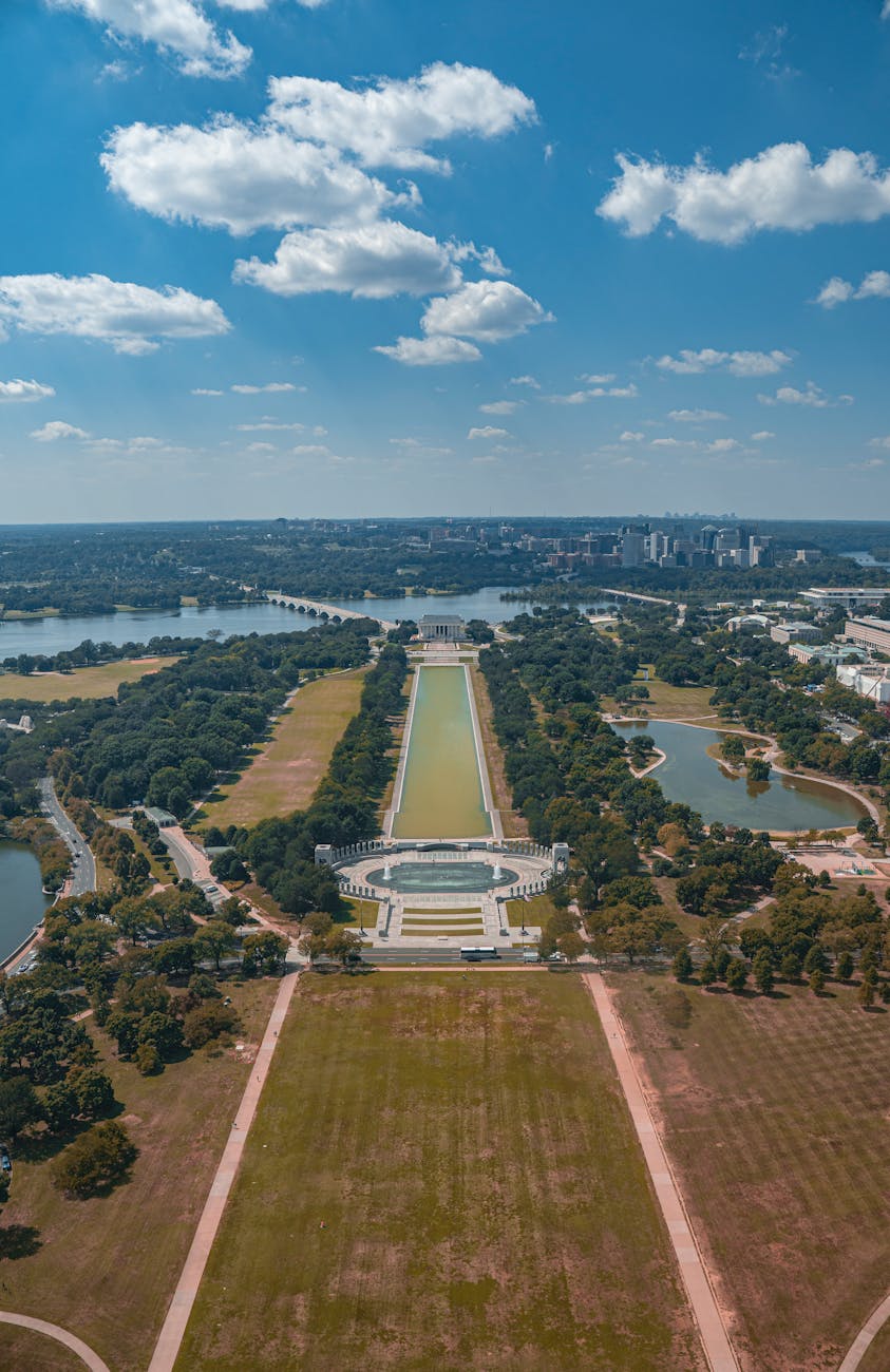 A stunning aerial shot of the National Mall in Washington D.C. with landmarks and lush greenery.