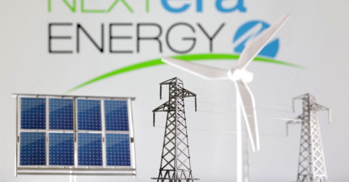 Illustration of NextEra Energy logo with windmill, solar panel and electric pole