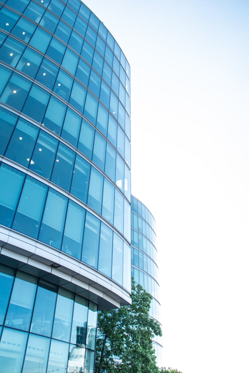 Low-angle view of sleek glass skyscrapers in London