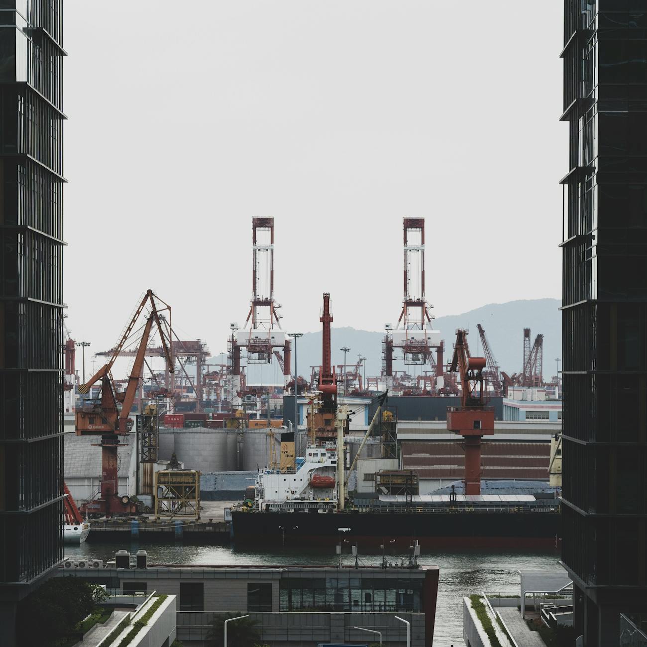 Shipping cranes and cargo containers at an industrial seaport
