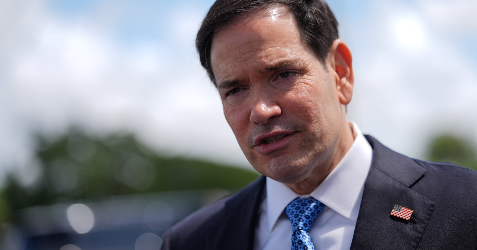 Secretary of State Marco Rubio speaks to the press before boarding his plane at Homestead Air Reserve Base, Thursday, May 21, 2026.