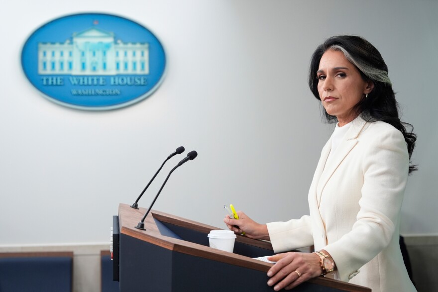 Tulsi Gabbard sits in the James Brady Press Briefing Room at the White House in Washington.