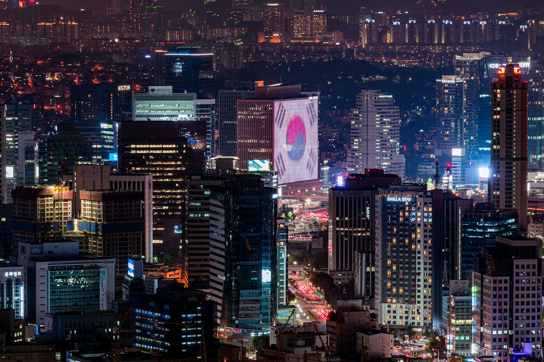 Night skyline of Seoul, the home market of South Korea's KOSPI benchmark
