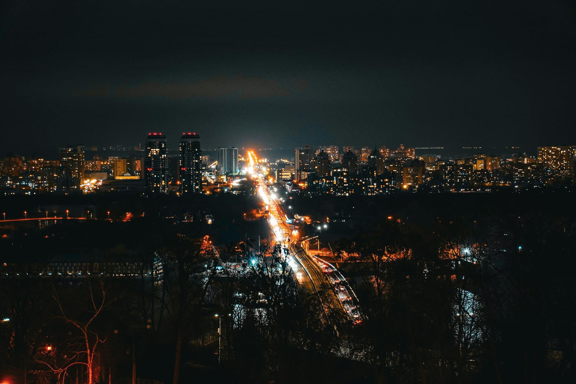 Night skyline of Kyiv as Ukraine braces for a possible missile strike.