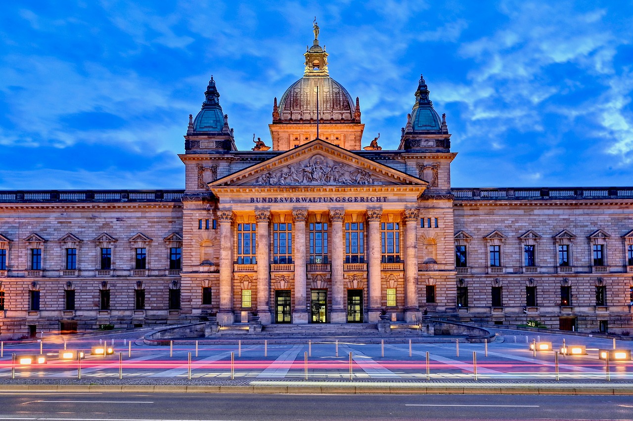 Historic courthouse building at dusk