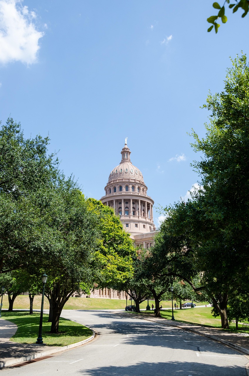Texas State Capitol seen through trees in Austin