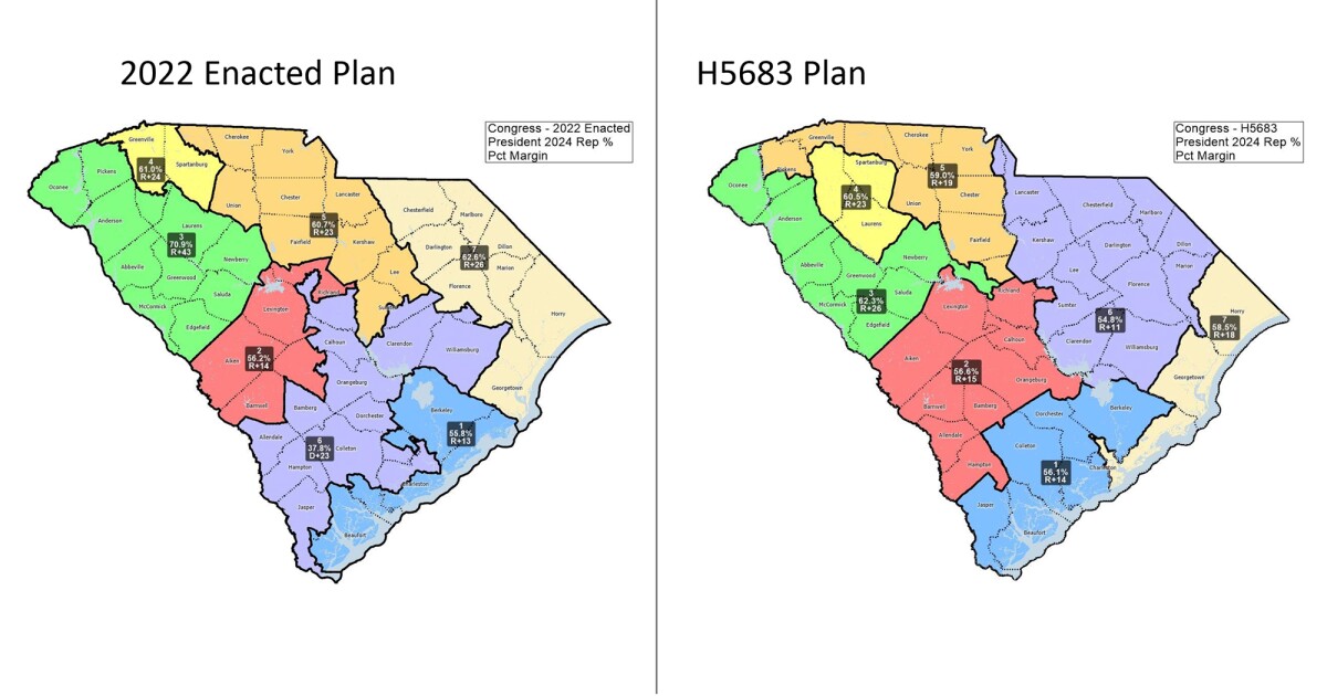 South Carolina congressional district map showing the proposed redistricting lines at issue in the 2026 debate.