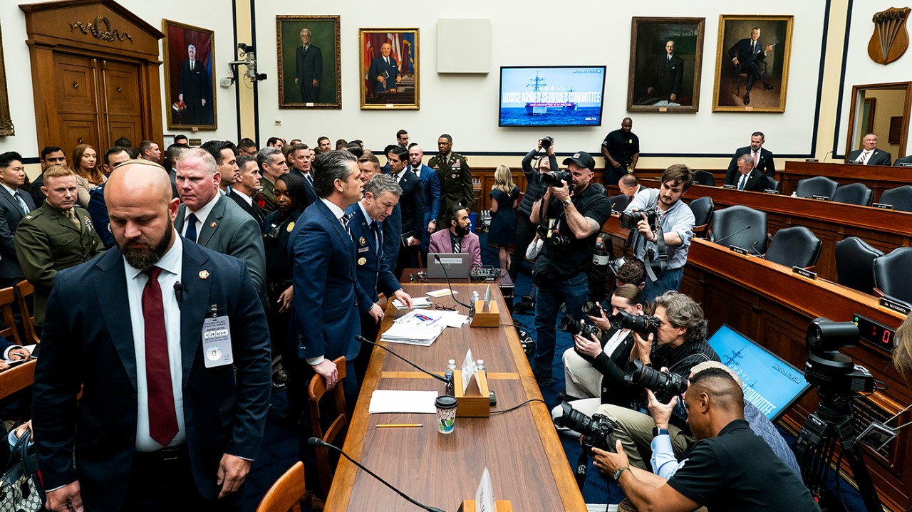 Defense Secretary Pete Hegseth returns from a break during a House Armed Service Committee hearing on the fiscal 2027 budget request for the Department of Defense on April 29, 2026.