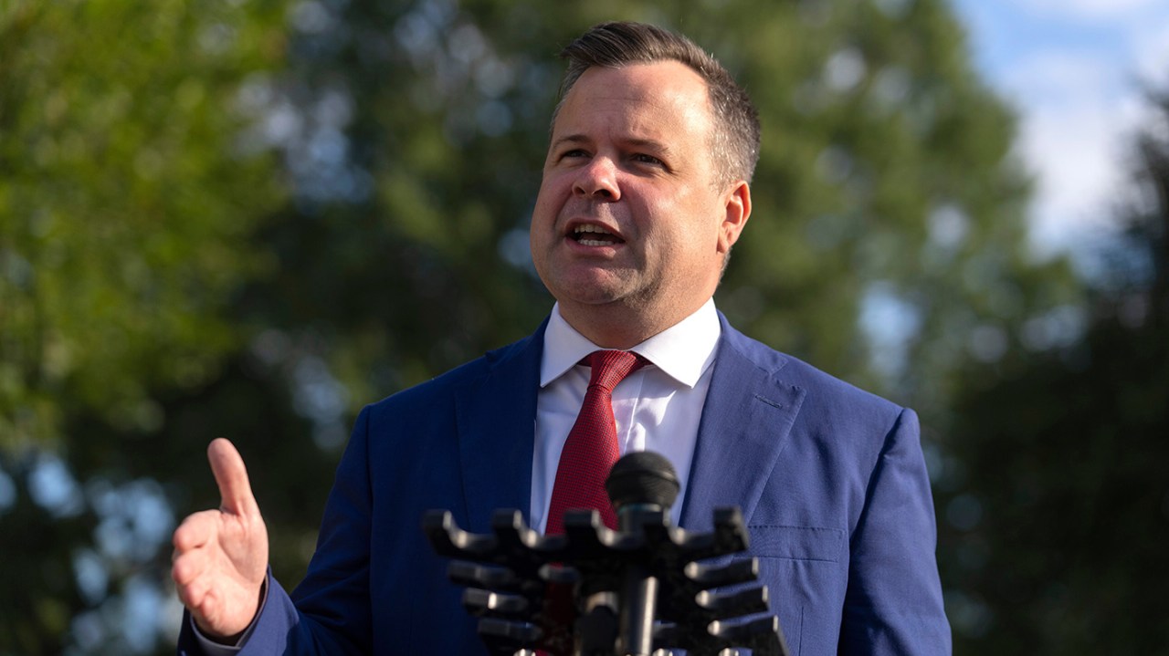 Bill Pulte speaks with reporters at the White House in Washington.