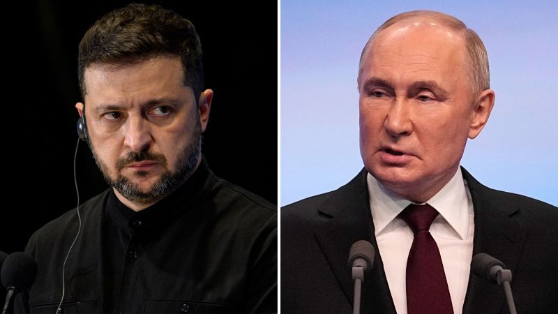 File images of Ukrainian President Volodymyr Zelensky and Russian President Vladimir Putin.
